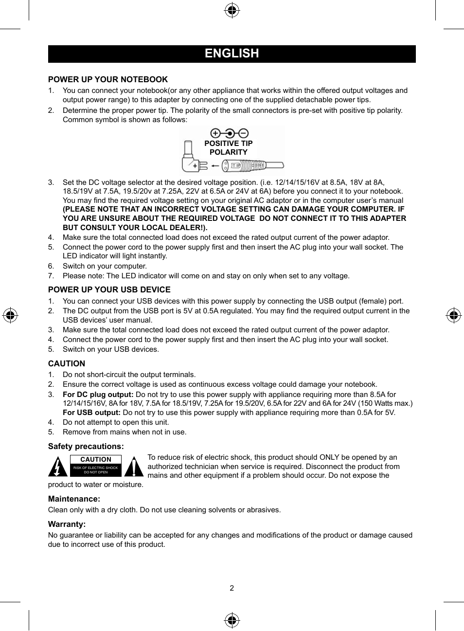 English, Manual (p. 2), High quality universal notebook | Adapter 150w | Konig Electronic Universal notebook adapter 150 W User Manual | Page 2 / 18