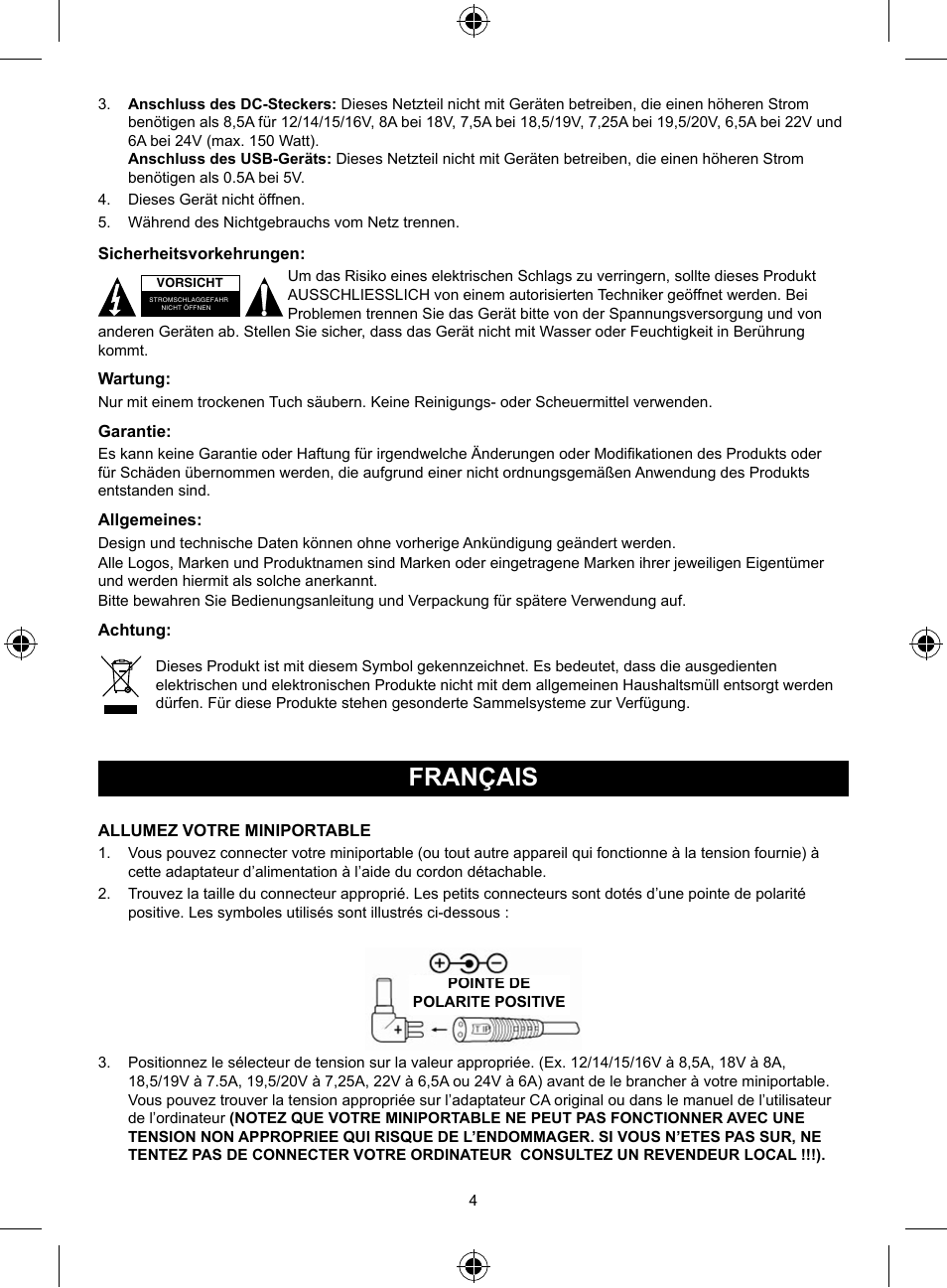 Français, Mode d’emploi (p. 4), Adaptateur universel 150 w pour | Miniportables de grande qualité | Konig Electronic Universal notebook adapter 150 W User Manual | Page 4 / 18