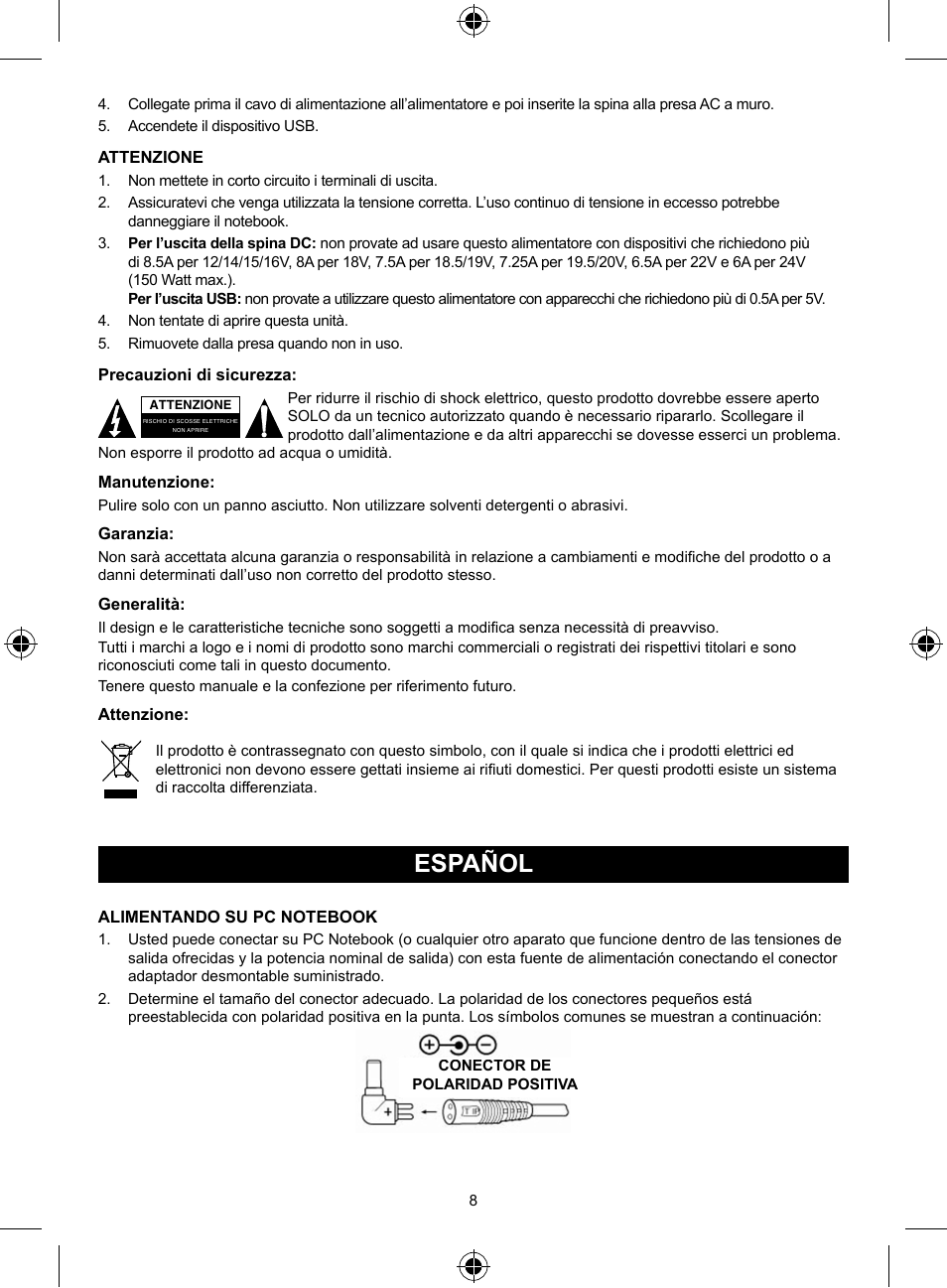 Español, Manual de uso (p. 8), Adaptador universal 150w de alta | Calidad para notebook | Konig Electronic Universal notebook adapter 150 W User Manual | Page 8 / 18