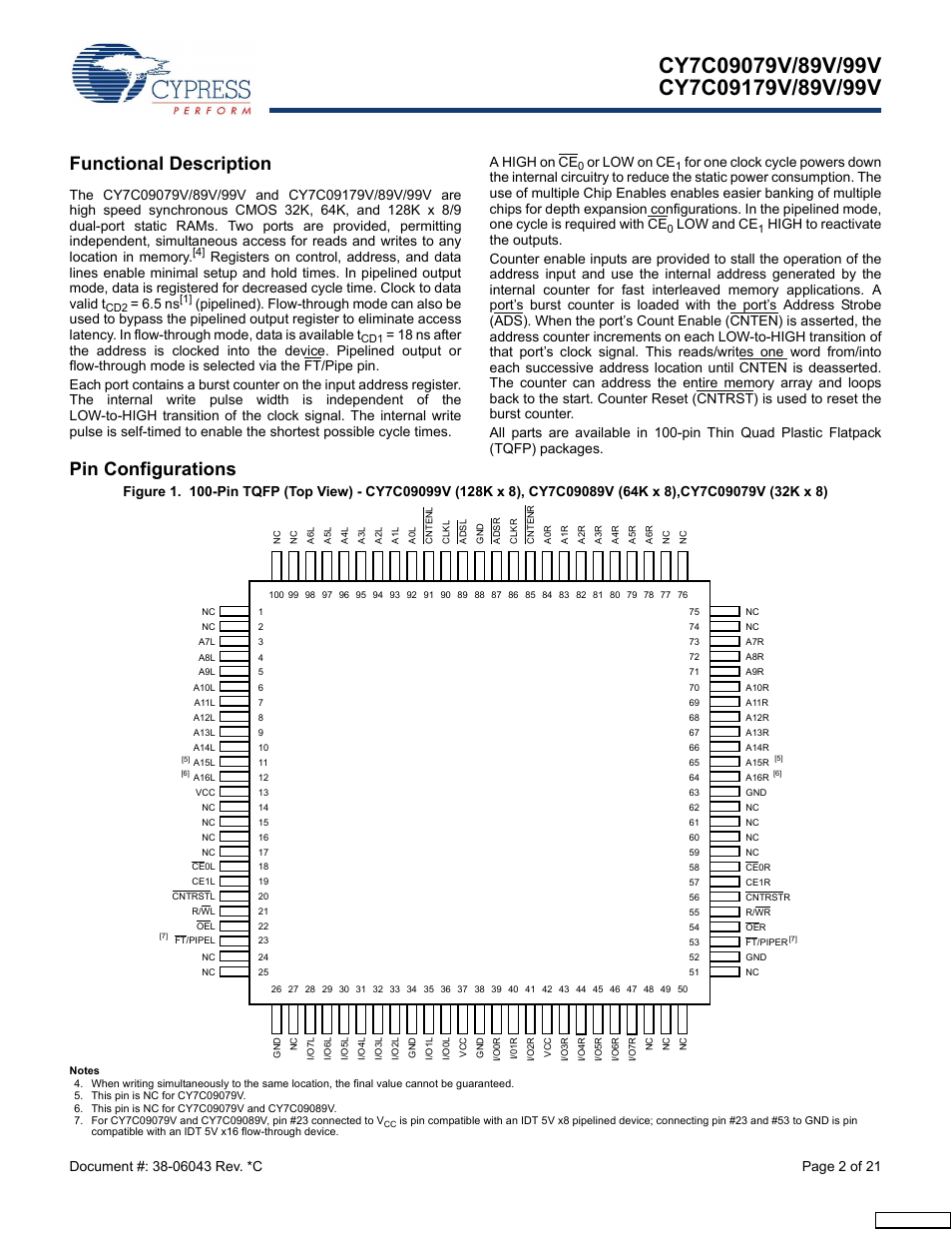 Functional description, Pin configurations, 5 ns | Or low on ce, Low and ce | Cypress CY7C09079V User Manual | Page 2 / 21