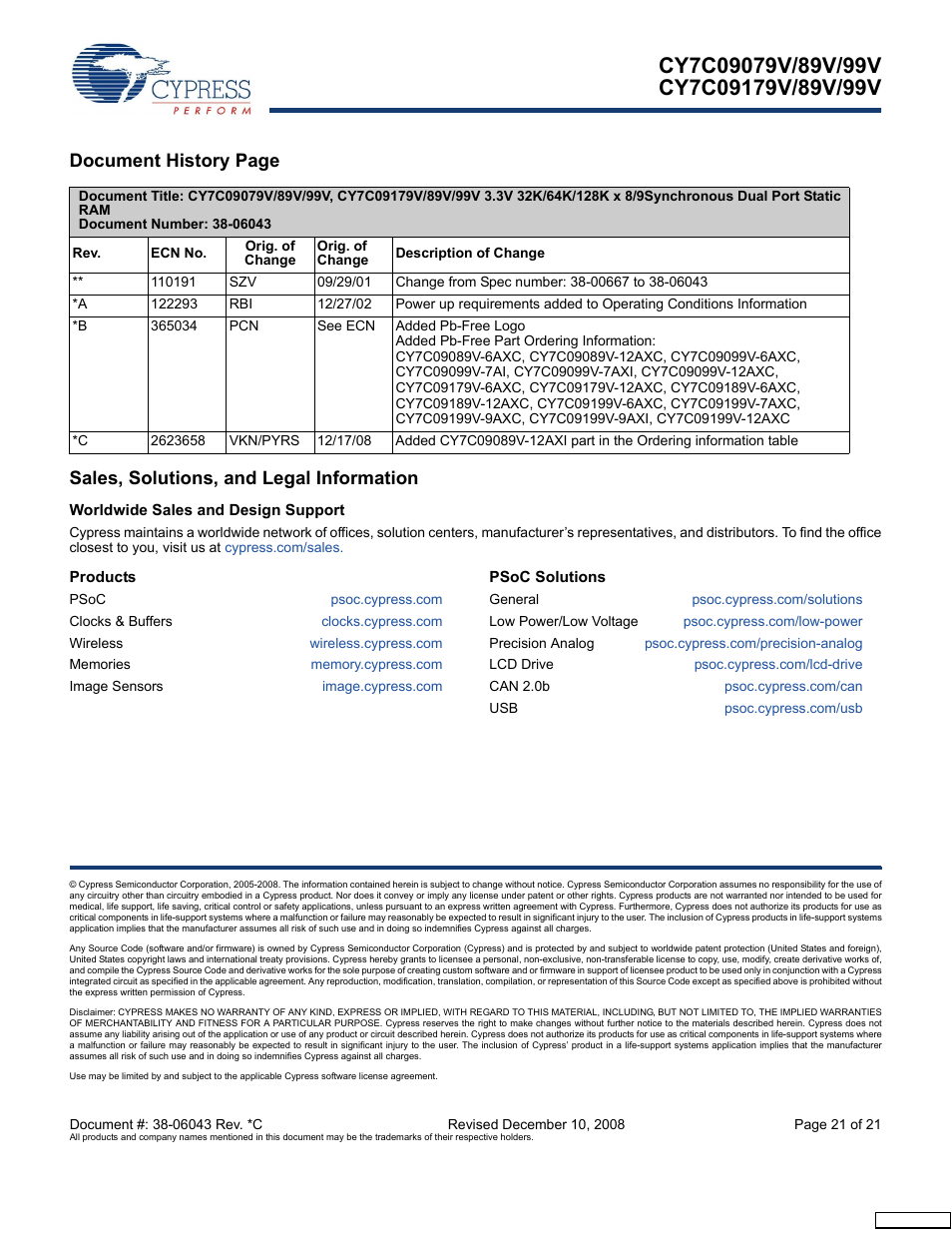 Sales, solutions, and legal information, Worldwide sales and design support, Products | Psoc solutions | Cypress CY7C09079V User Manual | Page 21 / 21