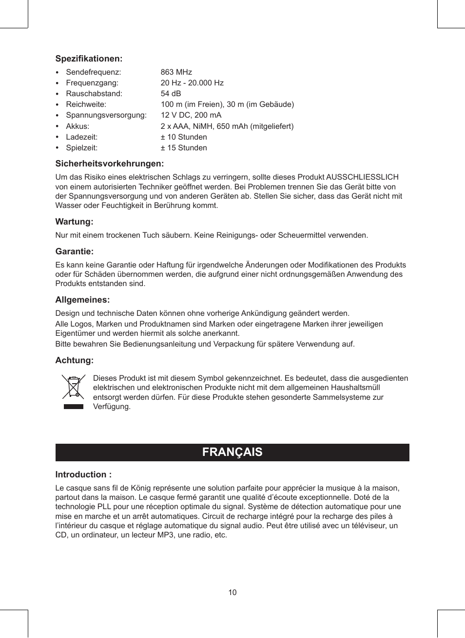 Français, Mode d’emploi (p. 10), Casque sans fil | Konig Electronic Wireless headphones 863 Mhz User Manual | Page 10 / 60