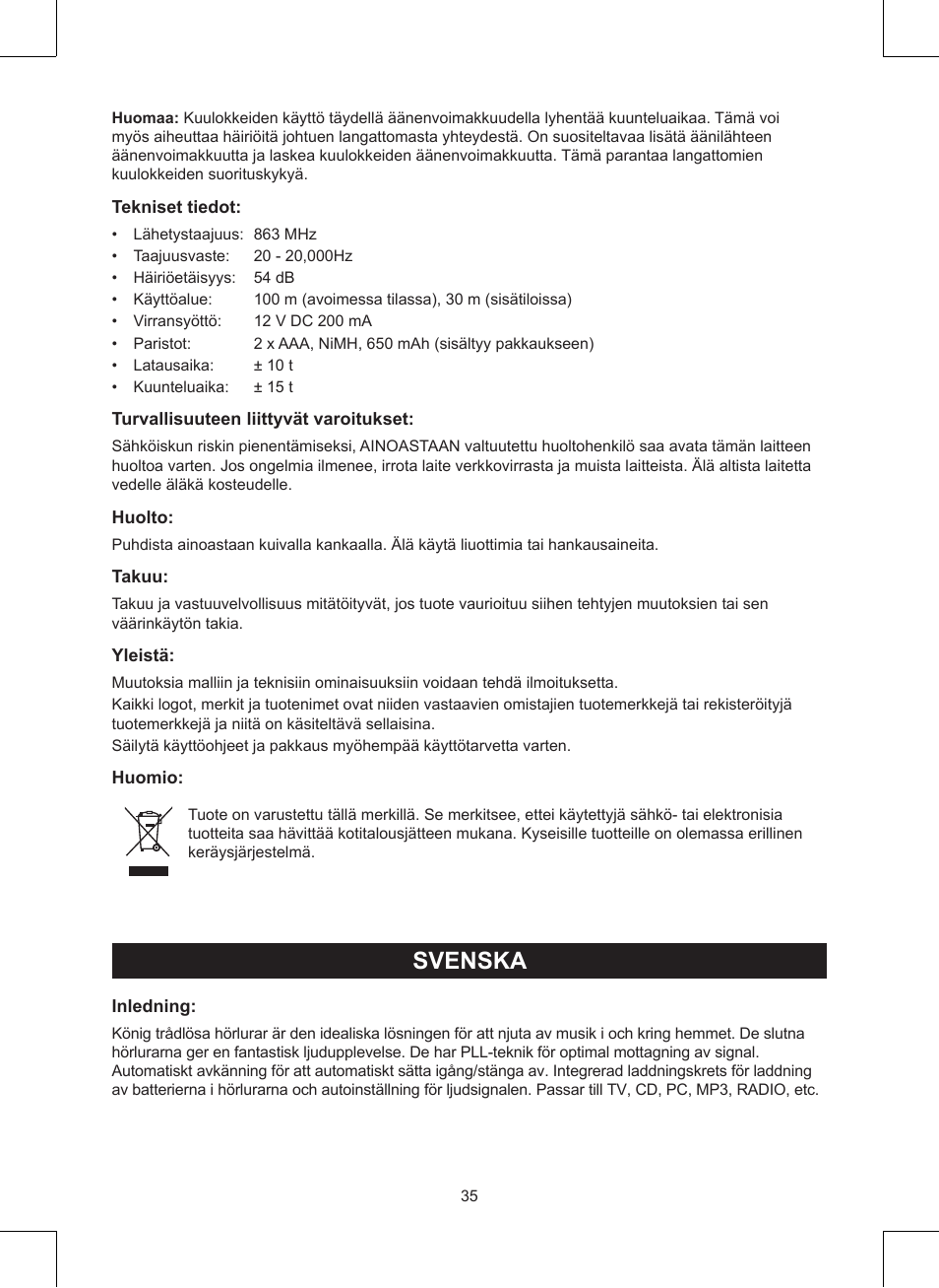 Svenska, Bruksanvisning (s. 35), Trådlösa hörlurar | Konig Electronic Wireless headphones 863 Mhz User Manual | Page 35 / 60