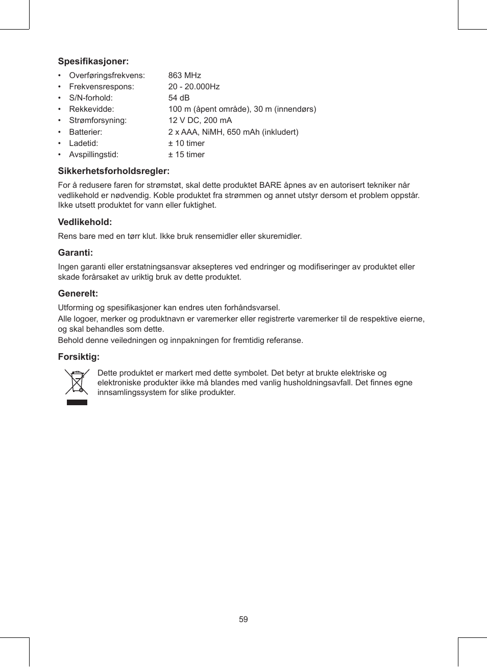 Konig Electronic Wireless headphones 863 Mhz User Manual | Page 59 / 60