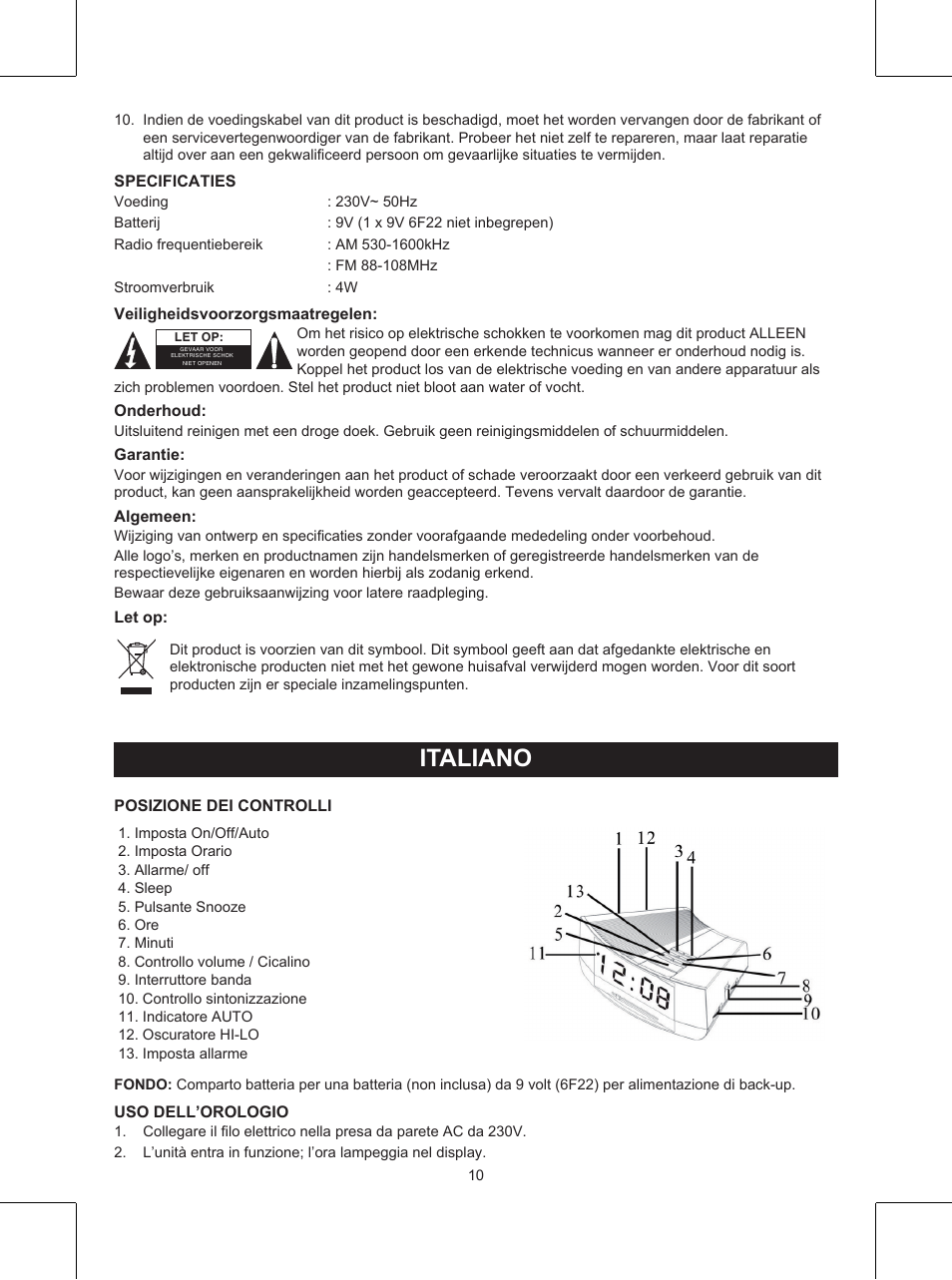 Italiano, Manuale (p. 10), Radiosveglia | Konig Electronic Clock radio User Manual | Page 10 / 32