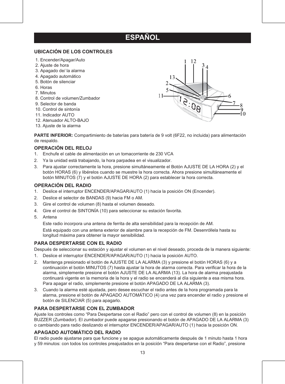 Español, Manual de uso (p. 13), Radio reloj | Konig Electronic Clock radio User Manual | Page 13 / 32