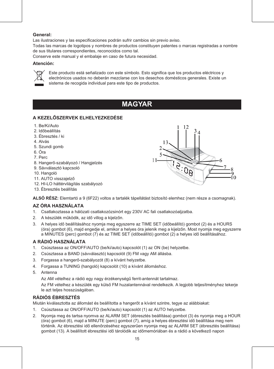 Magyar, Használati útmutató (o. 15.), Órás rádió | Konig Electronic Clock radio User Manual | Page 15 / 32