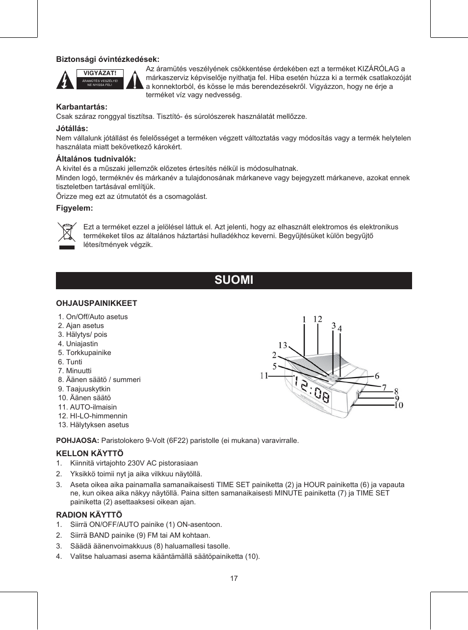 Suomi, Käyttöohje (s. 17), Kelloradio | Konig Electronic Clock radio User Manual | Page 17 / 32