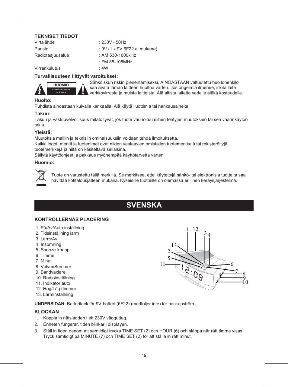 Svenska, Bruksanvisning (s. 19), Klockradio | Konig Electronic Clock radio User Manual | Page 19 / 32