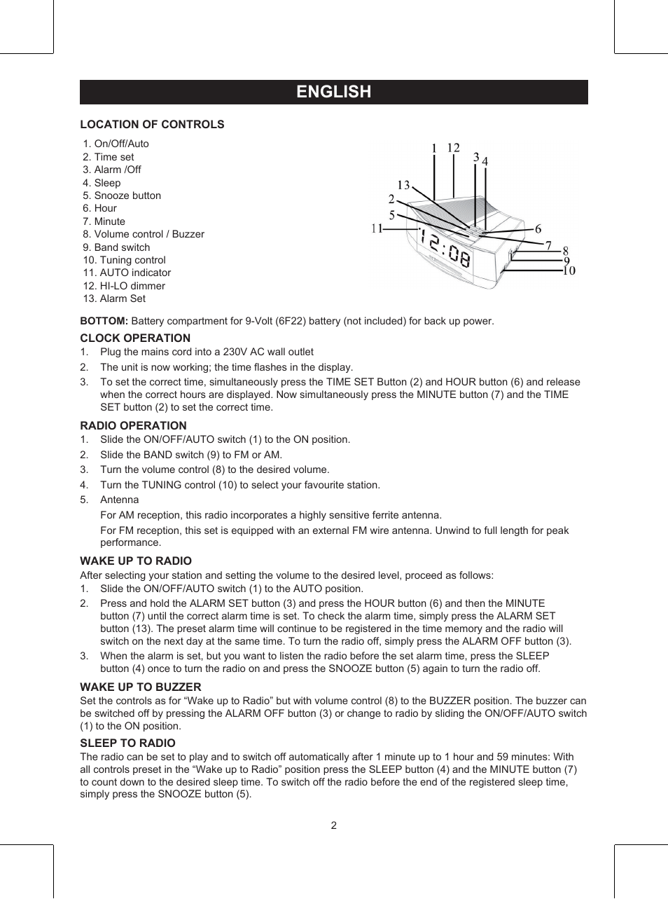 English, Manual (p. 2), Clock radio | Konig Electronic Clock radio User Manual | Page 2 / 32