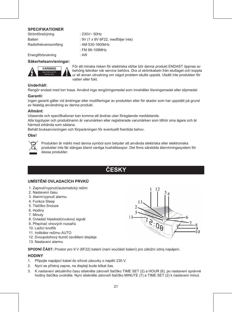 Česky, Návod k použití (s. 21), Rádio s hodinami | Konig Electronic Clock radio User Manual | Page 21 / 32