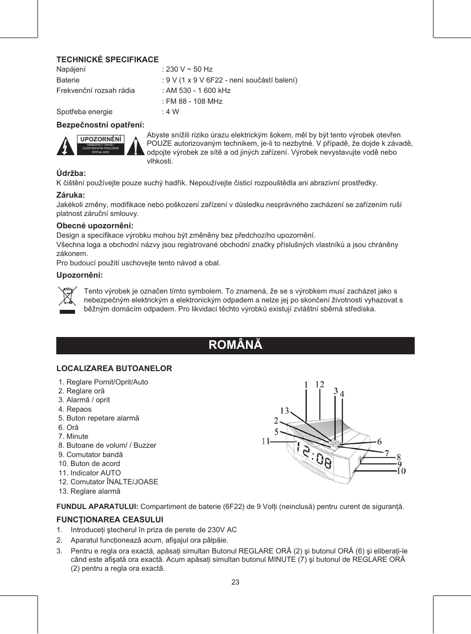 Română, Manual de utilizare (p. 23), Radio cu ceas | Konig Electronic Clock radio User Manual | Page 23 / 32