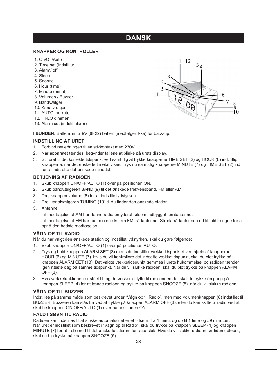 Dansk, Brugervejledning (p. 28), Clock radio | Konig Electronic Clock radio User Manual | Page 28 / 32