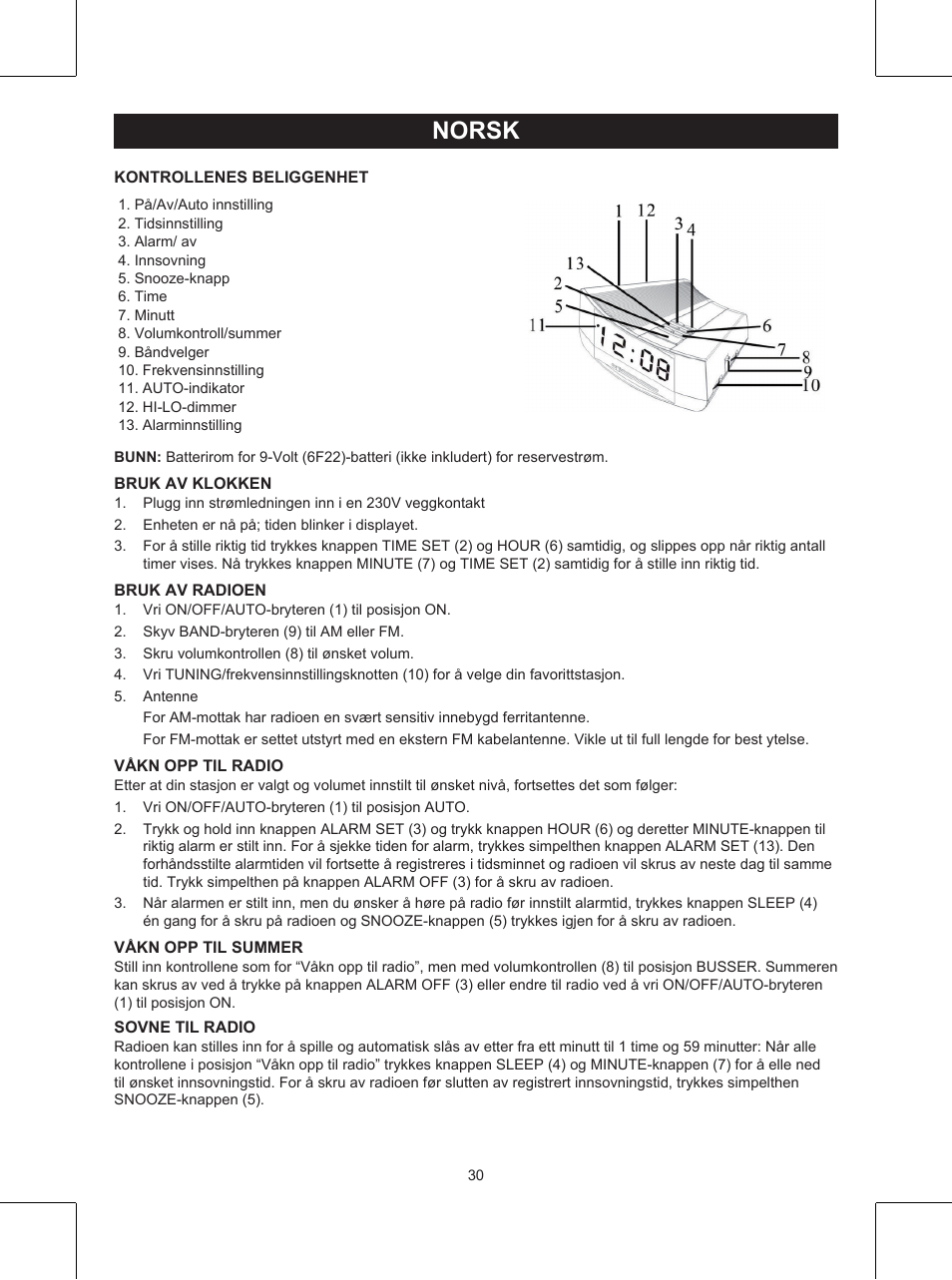 Norsk, Veiledning (σελ. 30), Klokkeradio | Konig Electronic Clock radio User Manual | Page 30 / 32