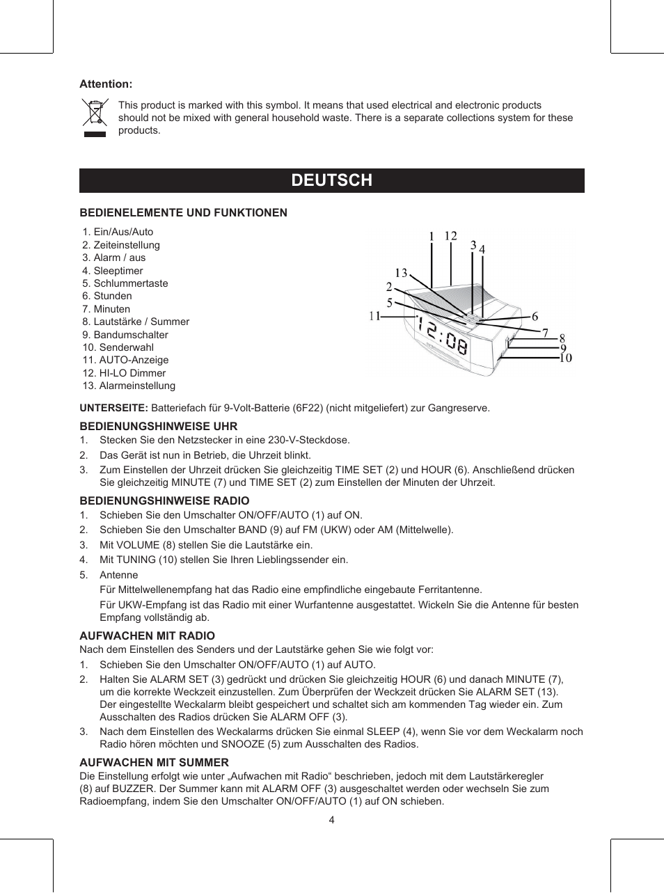 Deutsch, Anleitung (s. 4), Uhrenradio | Konig Electronic Clock radio User Manual | Page 4 / 32