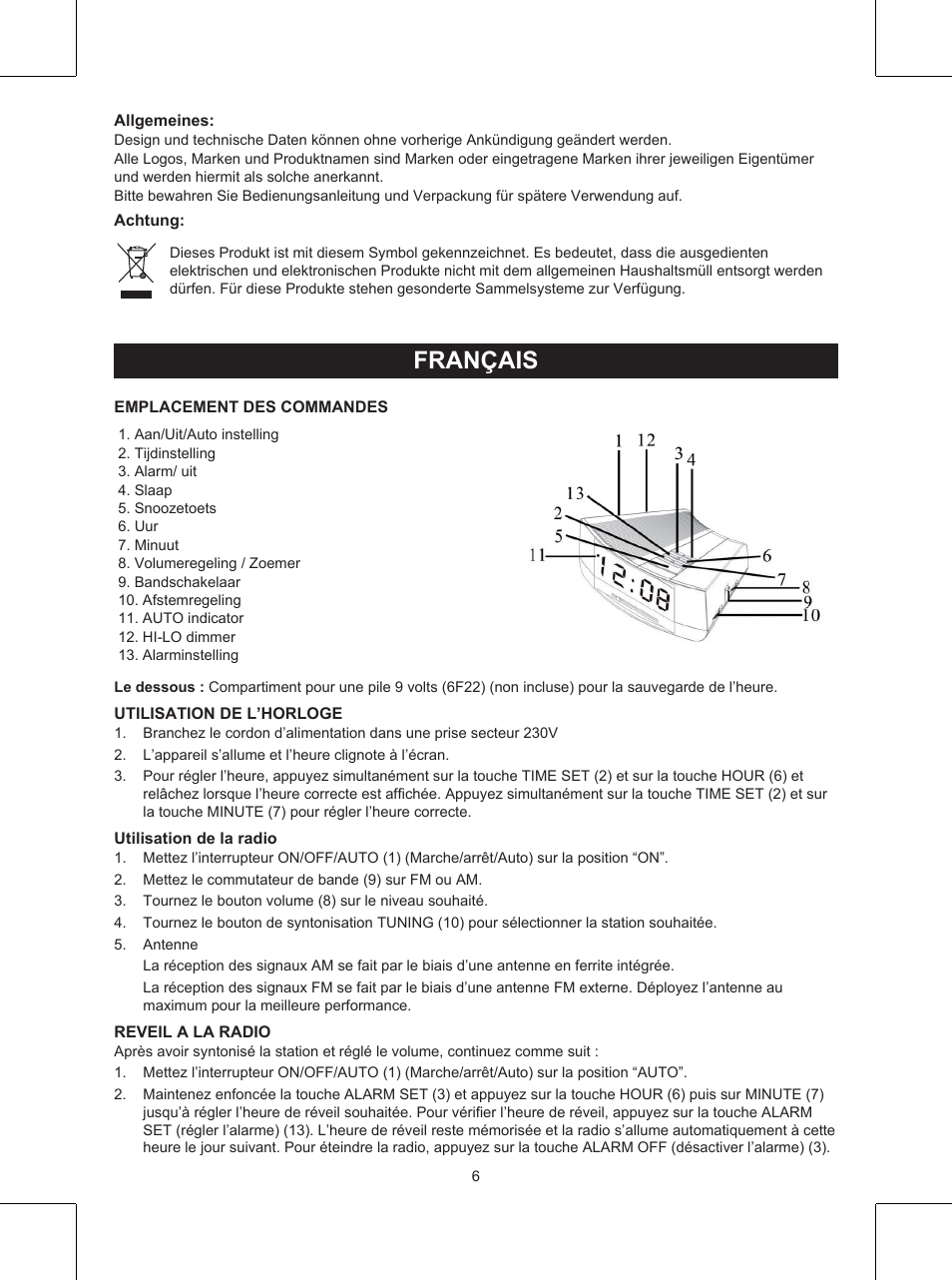 Français, Mode d’emploi (p. 6), Radio réveil | Konig Electronic Clock radio User Manual | Page 6 / 32