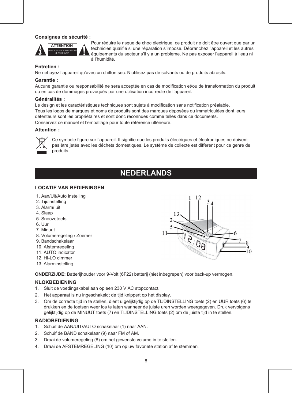 Nederlands, Gebruiksaanwijzing (p. 8), Klokradio | Konig Electronic Clock radio User Manual | Page 8 / 32