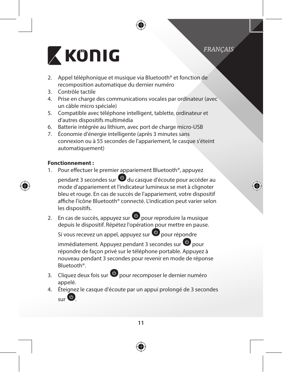 Konig Electronic Bluetooth headset User Manual | Page 11 / 93