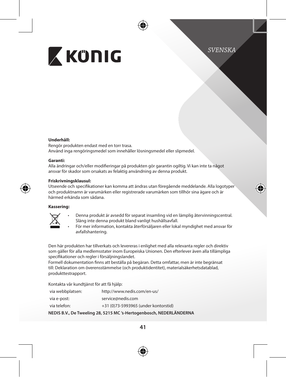 Svenska | Konig Electronic Bluetooth headset User Manual | Page 41 / 93