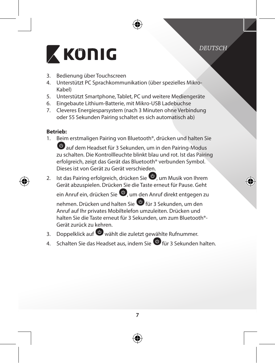 Konig Electronic Bluetooth headset User Manual | Page 7 / 93