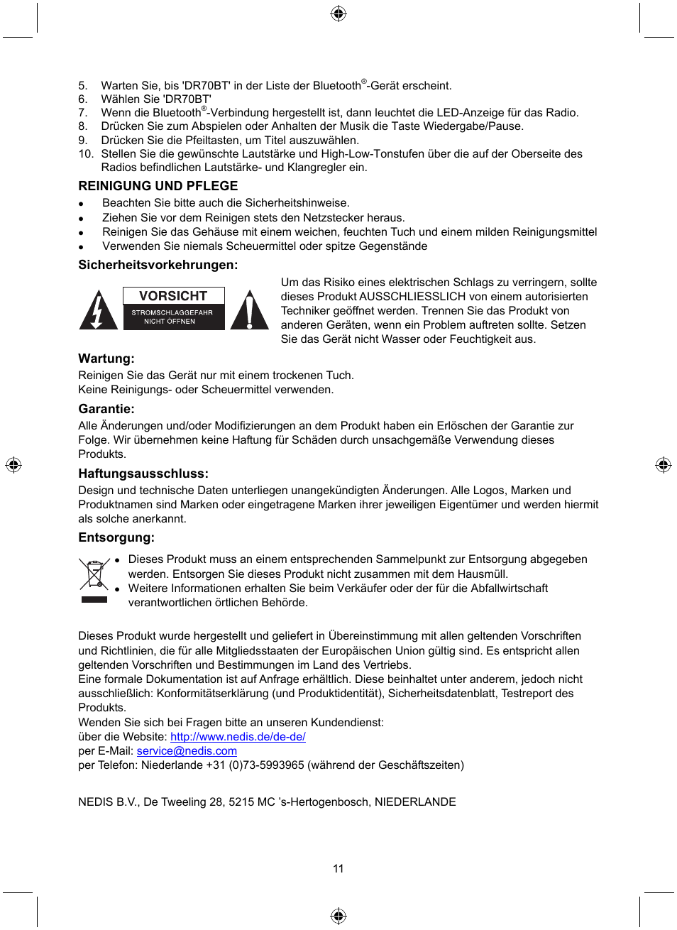 Reinigung und pflege, Sicherheitsvorkehrungen, Wartung | Garantie, Haftungsausschluss, Entsorgung | Konig Electronic Retro radio with Bluetooth wireless technology User Manual | Page 11 / 94