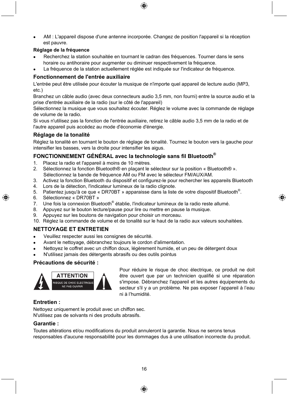 Fonctionnement de l'entrée auxiliaire, Réglage de la tonalité, Nettoyage et entretien | Précautions de sécurité, Entretien, Garantie | Konig Electronic Retro radio with Bluetooth wireless technology User Manual | Page 16 / 94