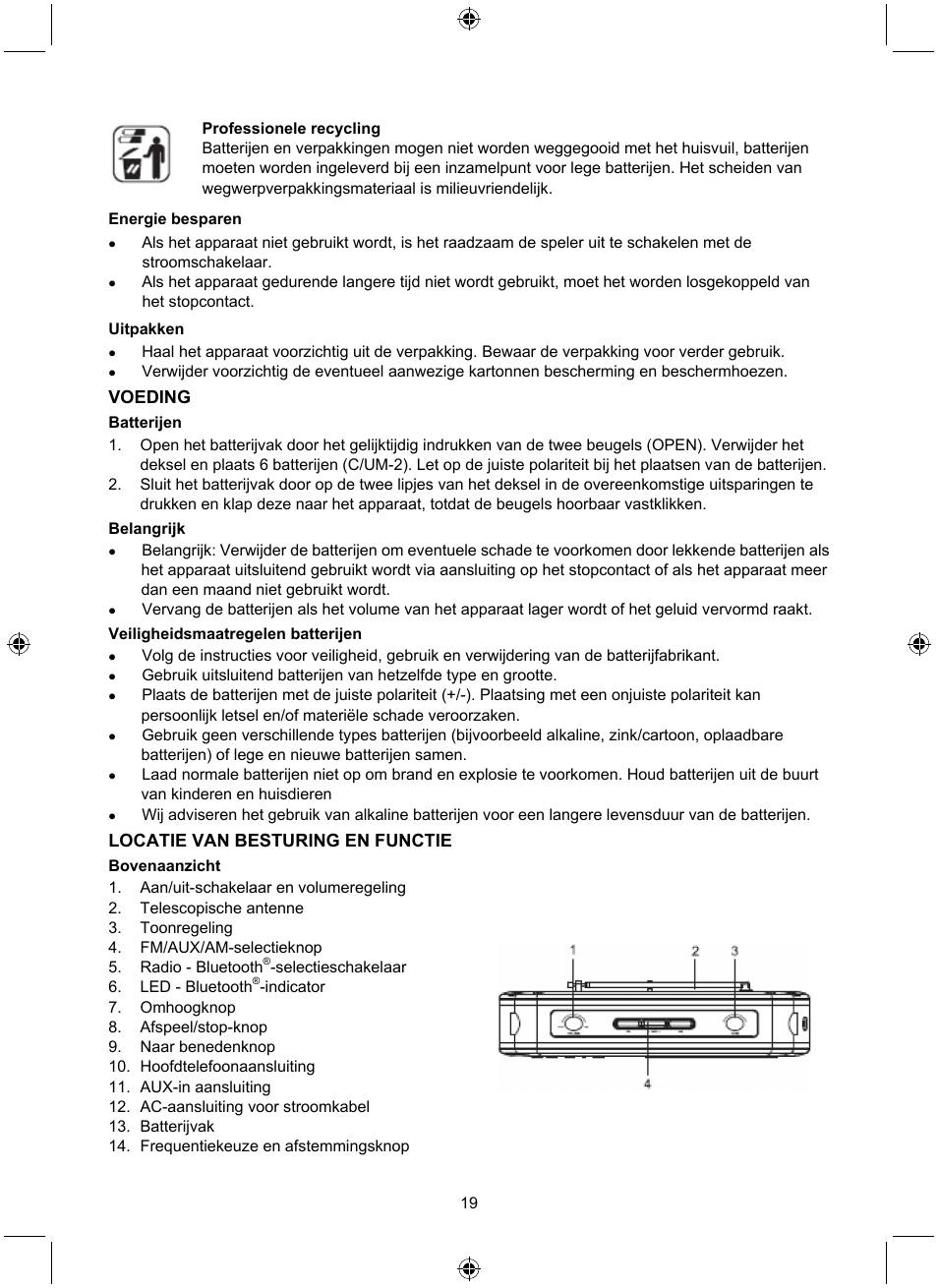 Voeding, Locatie van besturing en functie | Konig Electronic Retro radio with Bluetooth wireless technology User Manual | Page 19 / 94