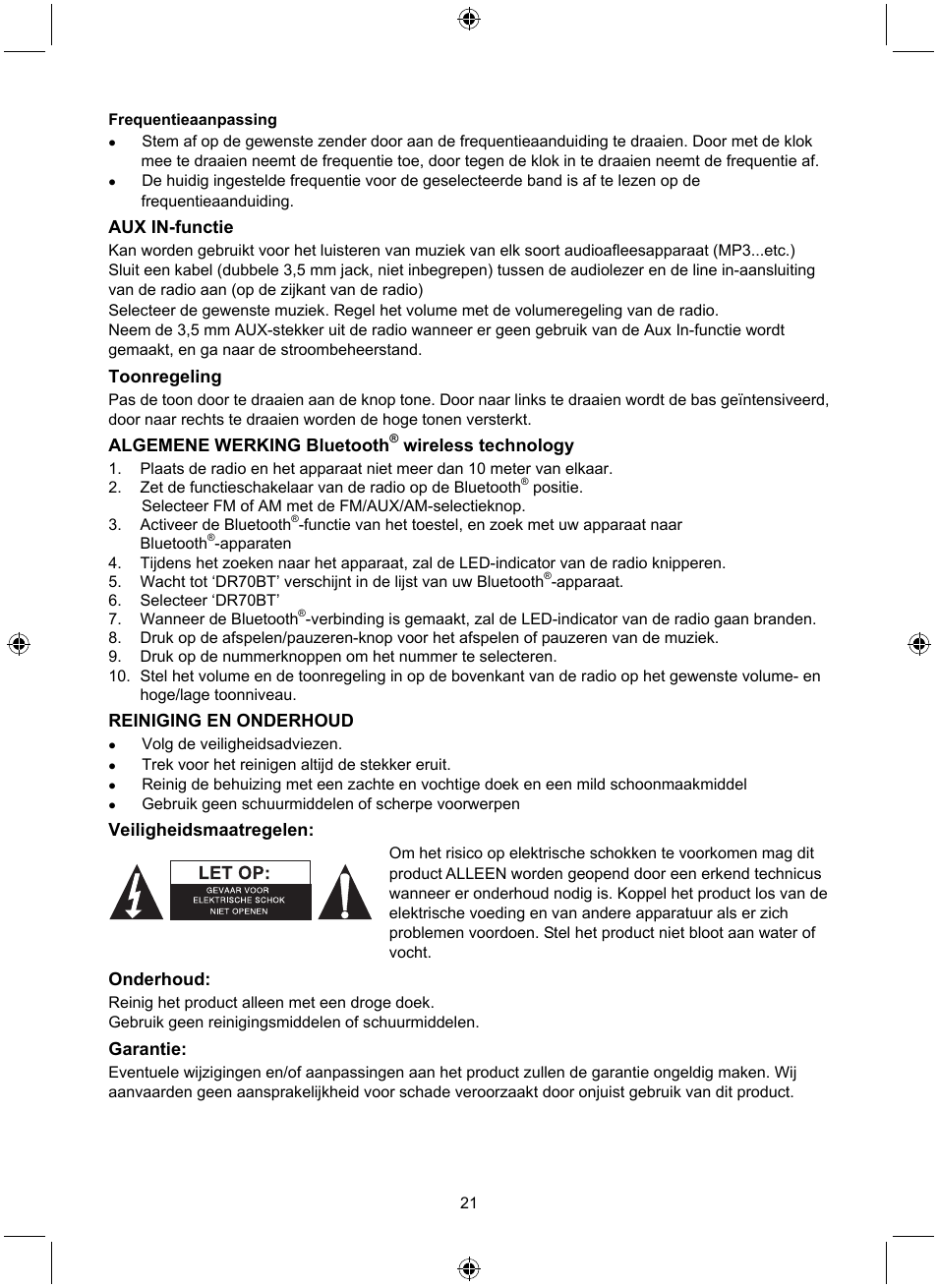 Aux in-functie, Toonregeling, Algemene werking bluetooth | Wireless technology, Reiniging en onderhoud, Veiligheidsmaatregelen, Onderhoud, Garantie | Konig Electronic Retro radio with Bluetooth wireless technology User Manual | Page 21 / 94