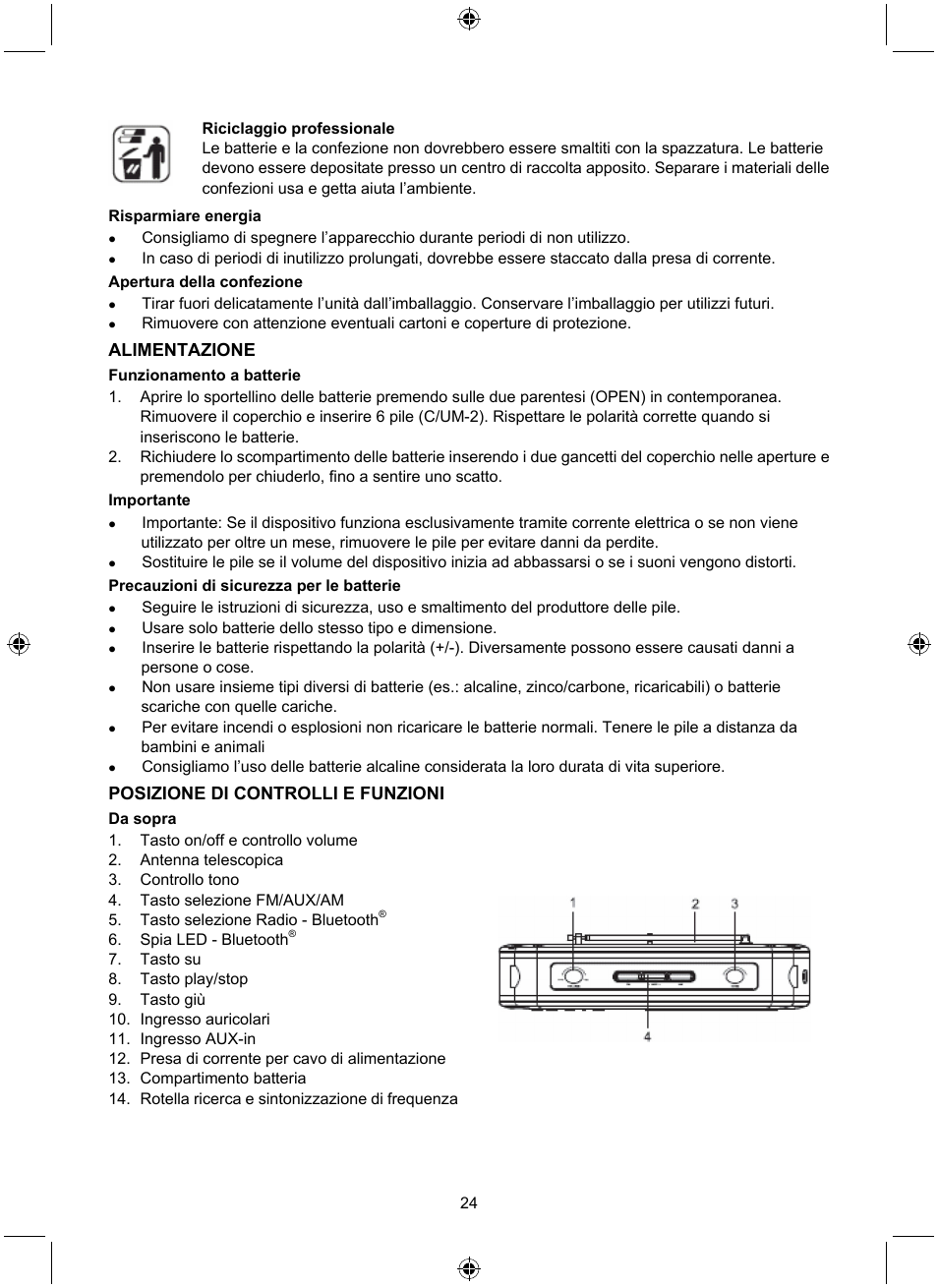 Alimentazione, Posizione di controlli e funzioni | Konig Electronic Retro radio with Bluetooth wireless technology User Manual | Page 24 / 94