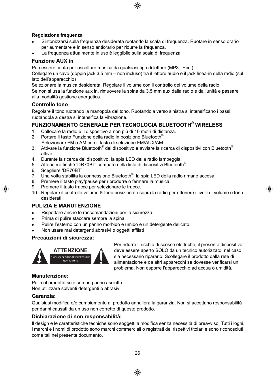 Funzione aux in, Controllo tono, Funzionamento generale per tecnologia bluetooth | Wireless, Pulizia e manutenzione, Precauzioni di sicurezza, Manutenzione, Garanzia, Dichiarazione di non responsabilità | Konig Electronic Retro radio with Bluetooth wireless technology User Manual | Page 26 / 94