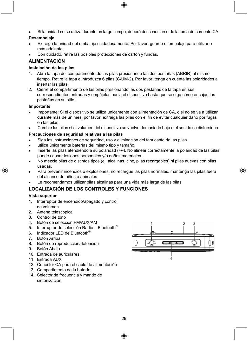 Alimentación, Localización de los controles y funciones | Konig Electronic Retro radio with Bluetooth wireless technology User Manual | Page 29 / 94