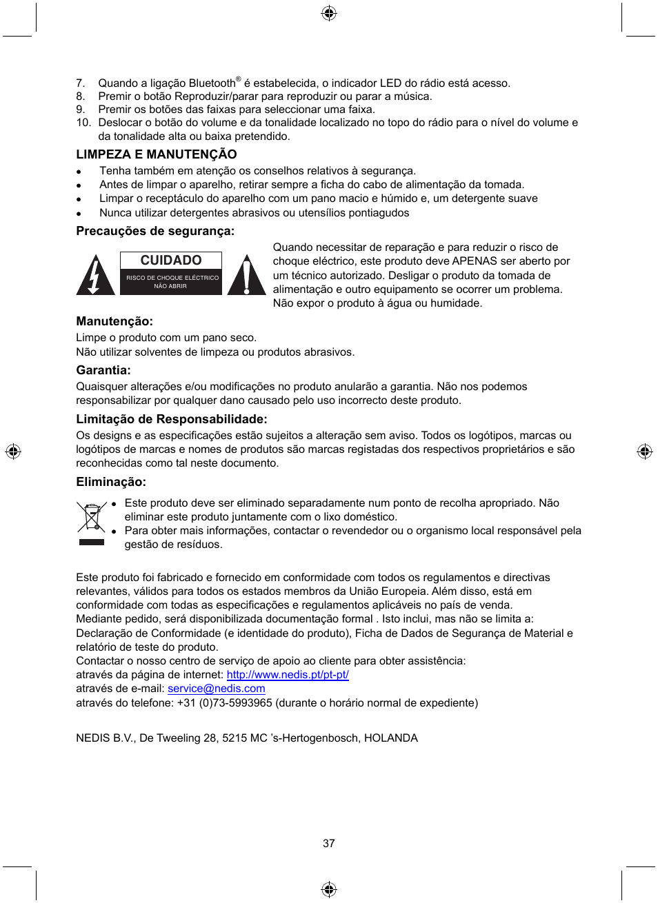 Cuidado, Limpeza e manutenção, Precauções de segurança | Manutenção, Garantia, Limitação de responsabilidade, Eliminação | Konig Electronic Retro radio with Bluetooth wireless technology User Manual | Page 37 / 94