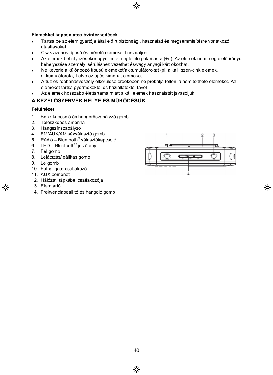 A kezelőszervek helye és működésük | Konig Electronic Retro radio with Bluetooth wireless technology User Manual | Page 40 / 94