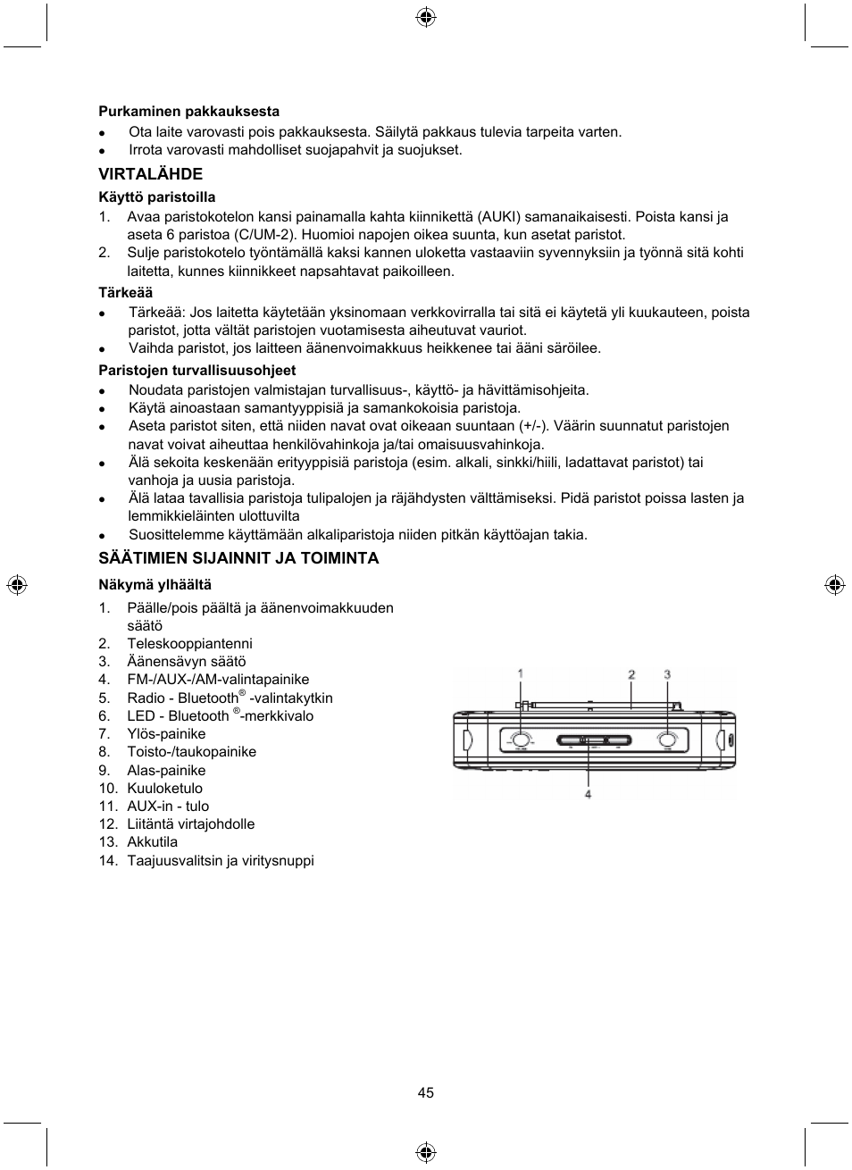 Virtalähde, Säätimien sijainnit ja toiminta | Konig Electronic Retro radio with Bluetooth wireless technology User Manual | Page 45 / 94