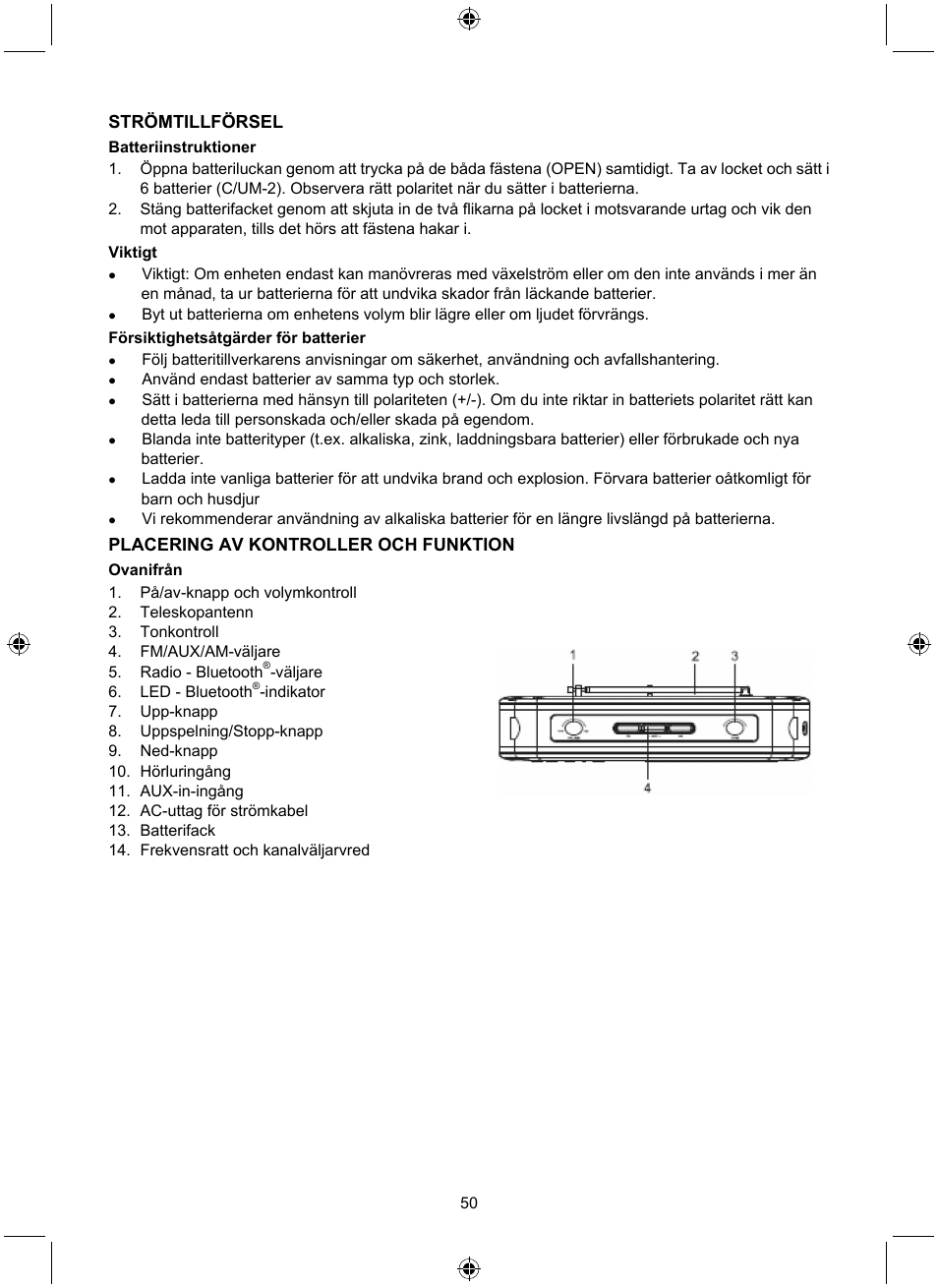 Strömtillförsel, Placering av kontroller och funktion | Konig Electronic Retro radio with Bluetooth wireless technology User Manual | Page 50 / 94