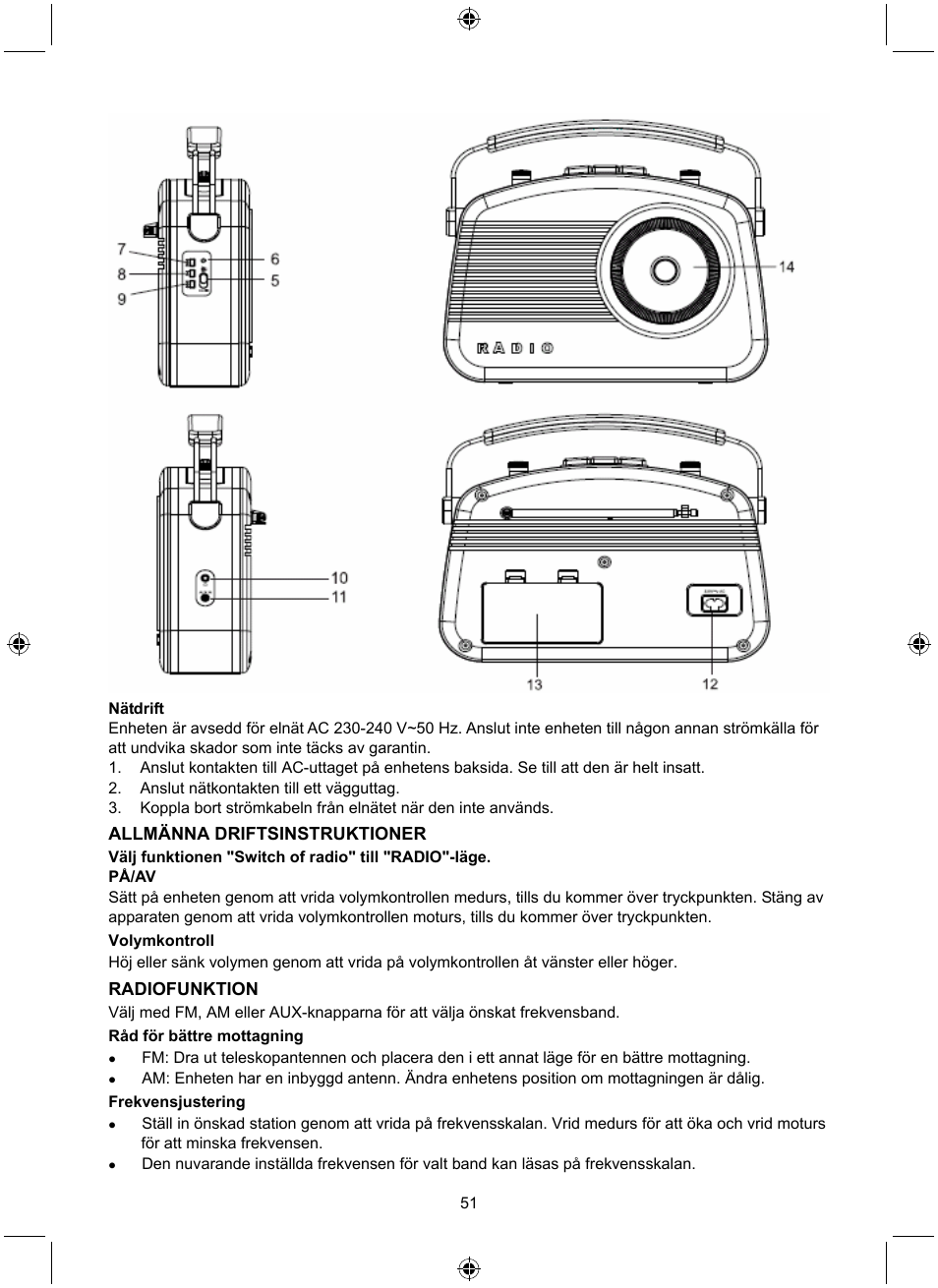 Allmänna driftsinstruktioner, Radiofunktion | Konig Electronic Retro radio with Bluetooth wireless technology User Manual | Page 51 / 94