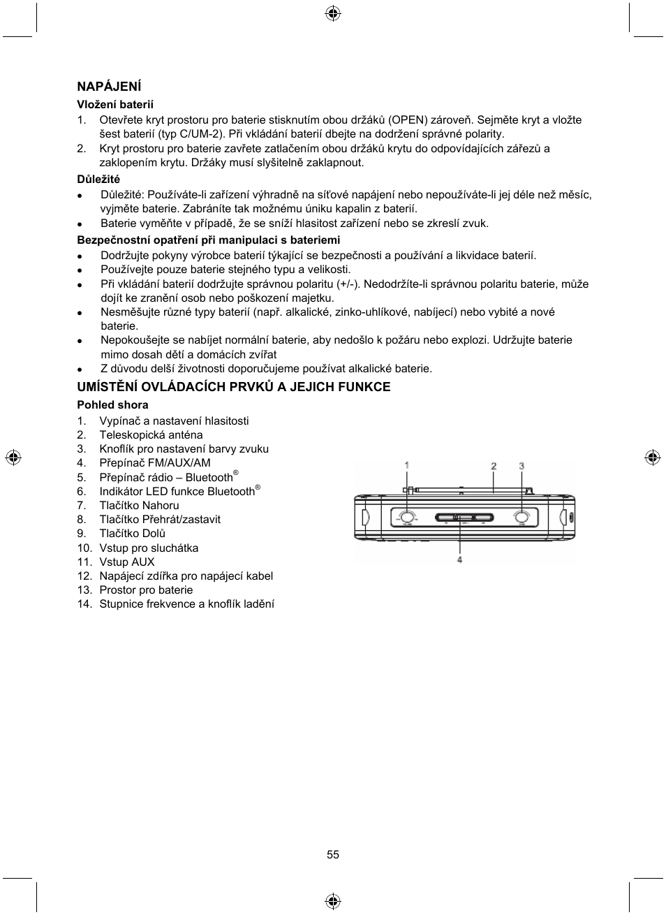 Napájení, Umístění ovládacích prvků a jejich funkce | Konig Electronic Retro radio with Bluetooth wireless technology User Manual | Page 55 / 94