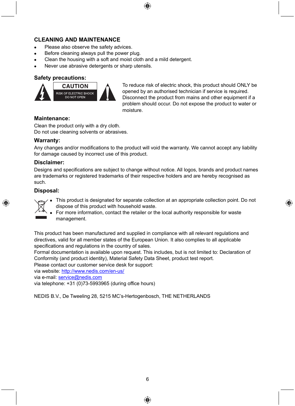 Cleaning and maintenance, Safety precautions, Maintenance | Warranty, Disclaimer, Disposal | Konig Electronic Retro radio with Bluetooth wireless technology User Manual | Page 6 / 94