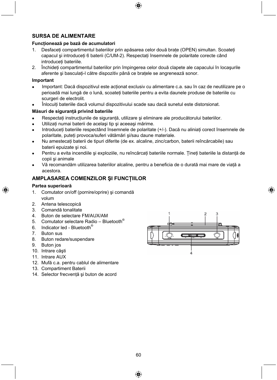 Sursa de alimentare, Amplasarea comenzilor şi funcţiilor | Konig Electronic Retro radio with Bluetooth wireless technology User Manual | Page 60 / 94