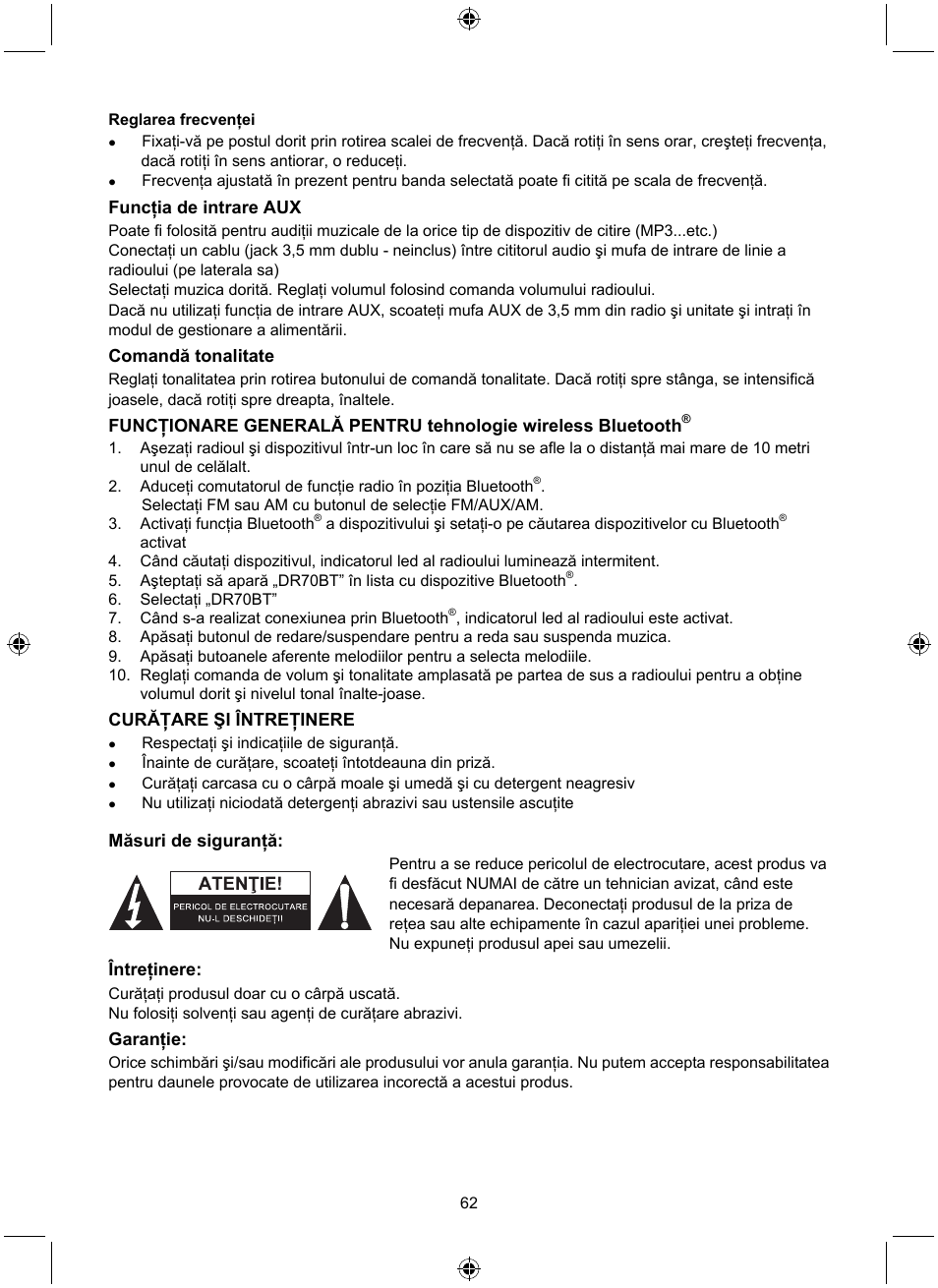 Funcţia de intrare aux, Comandă tonalitate, Curăţare şi întreţinere | Măsuri de siguranţă, Întreţinere, Garanţie | Konig Electronic Retro radio with Bluetooth wireless technology User Manual | Page 62 / 94