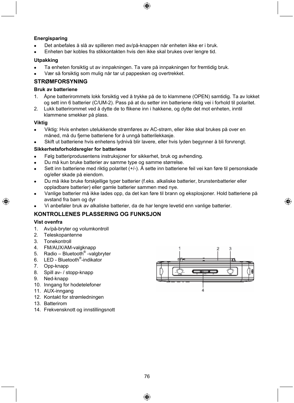 Strømforsyning, Kontrollenes plassering og funksjon | Konig Electronic Retro radio with Bluetooth wireless technology User Manual | Page 76 / 94