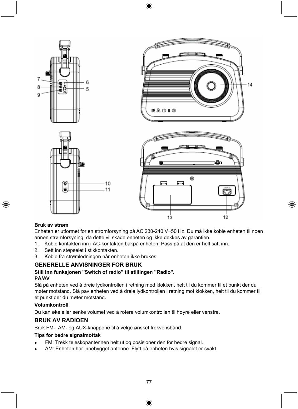 Generelle anvisninger for bruk, Bruk av radioen | Konig Electronic Retro radio with Bluetooth wireless technology User Manual | Page 77 / 94