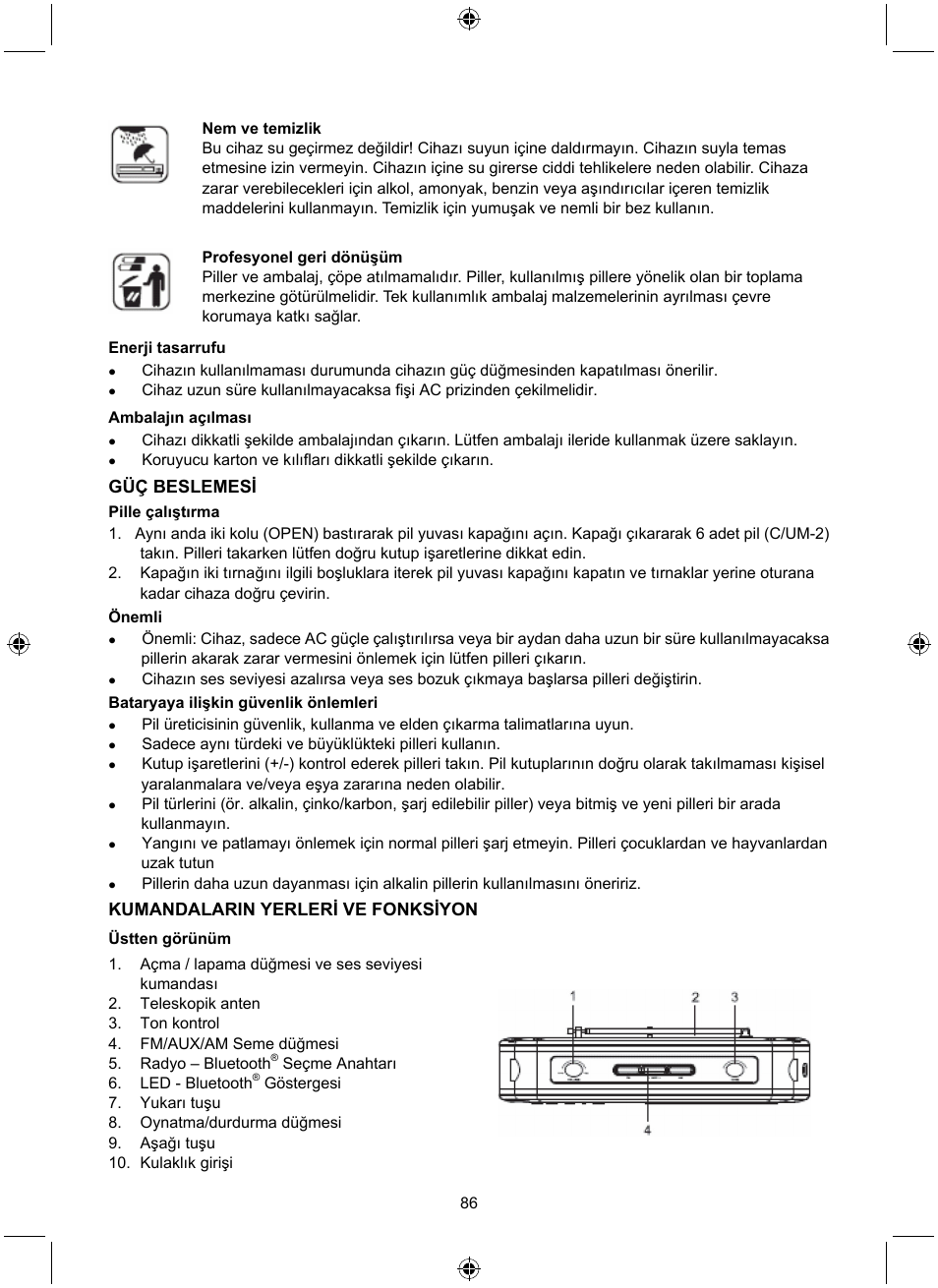 Güç beslemesi, Kumandalarin yerleri ve fonksiyon | Konig Electronic Retro radio with Bluetooth wireless technology User Manual | Page 86 / 94