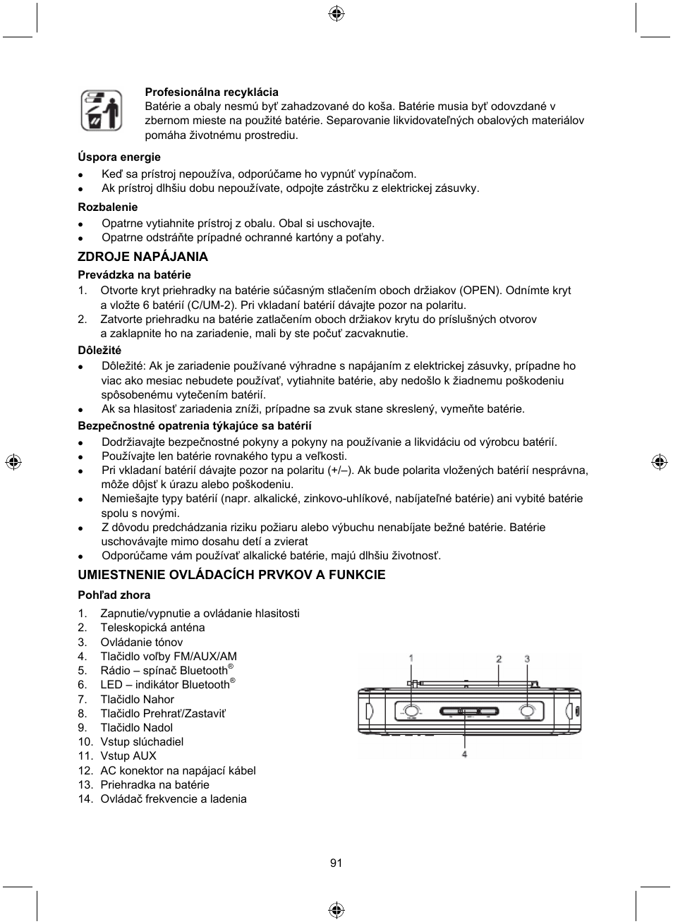 Zdroje napájania, Umiestnenie ovládacích prvkov a funkcie | Konig Electronic Retro radio with Bluetooth wireless technology User Manual | Page 91 / 94