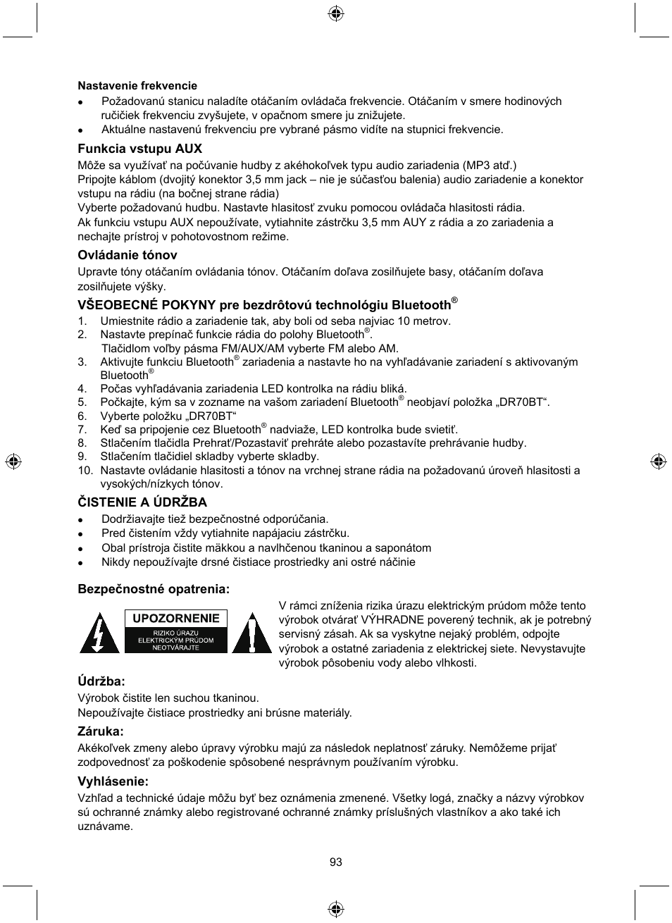 Funkcia vstupu aux, Ovládanie tónov, Čistenie a údržba | Bezpečnostné opatrenia, Údržba, Záruka, Vyhlásenie | Konig Electronic Retro radio with Bluetooth wireless technology User Manual | Page 93 / 94