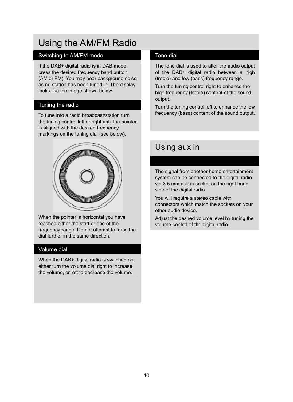 Using the am/fm radio, Using aux in | Konig Electronic DAB+ retro radio User Manual | Page 10 / 201