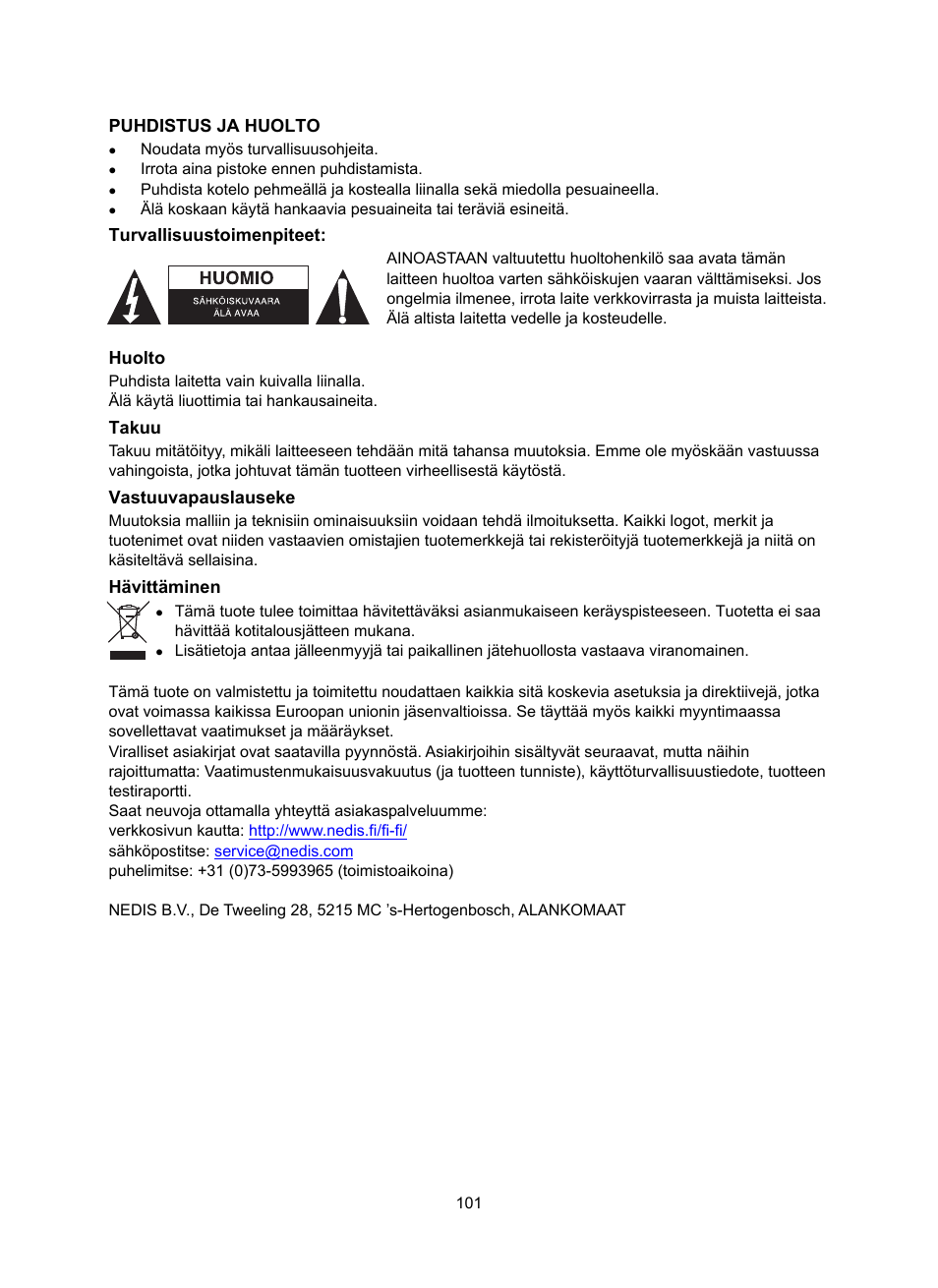 Puhdistus ja huolto, Turvallisuustoimenpiteet, Huolto | Takuu, Vastuuvapauslauseke, Hävittäminen | Konig Electronic DAB+ retro radio User Manual | Page 101 / 201