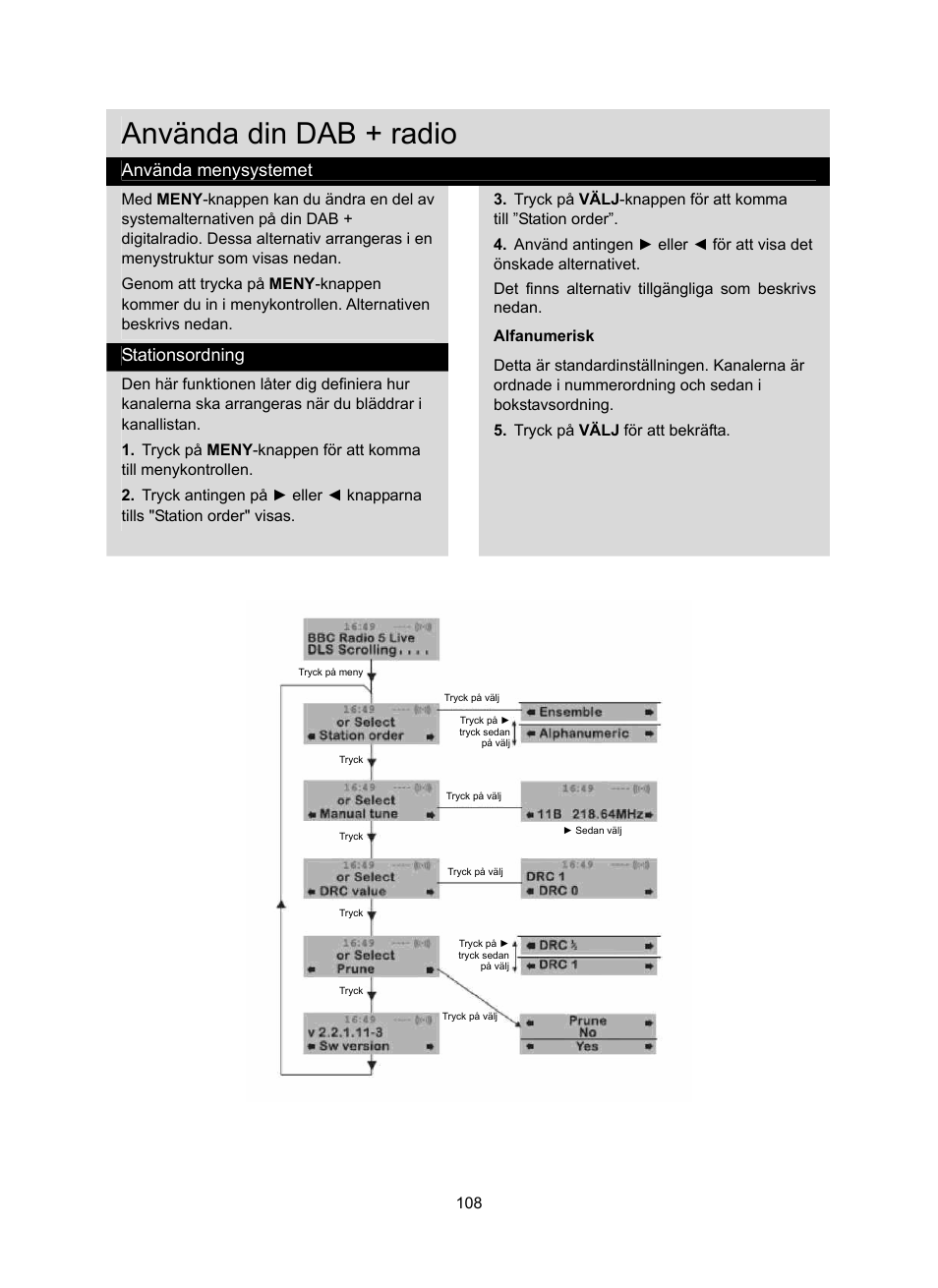 Använda din dab + radio, Använda menysystemet, Stationsordning | Konig Electronic DAB+ retro radio User Manual | Page 108 / 201