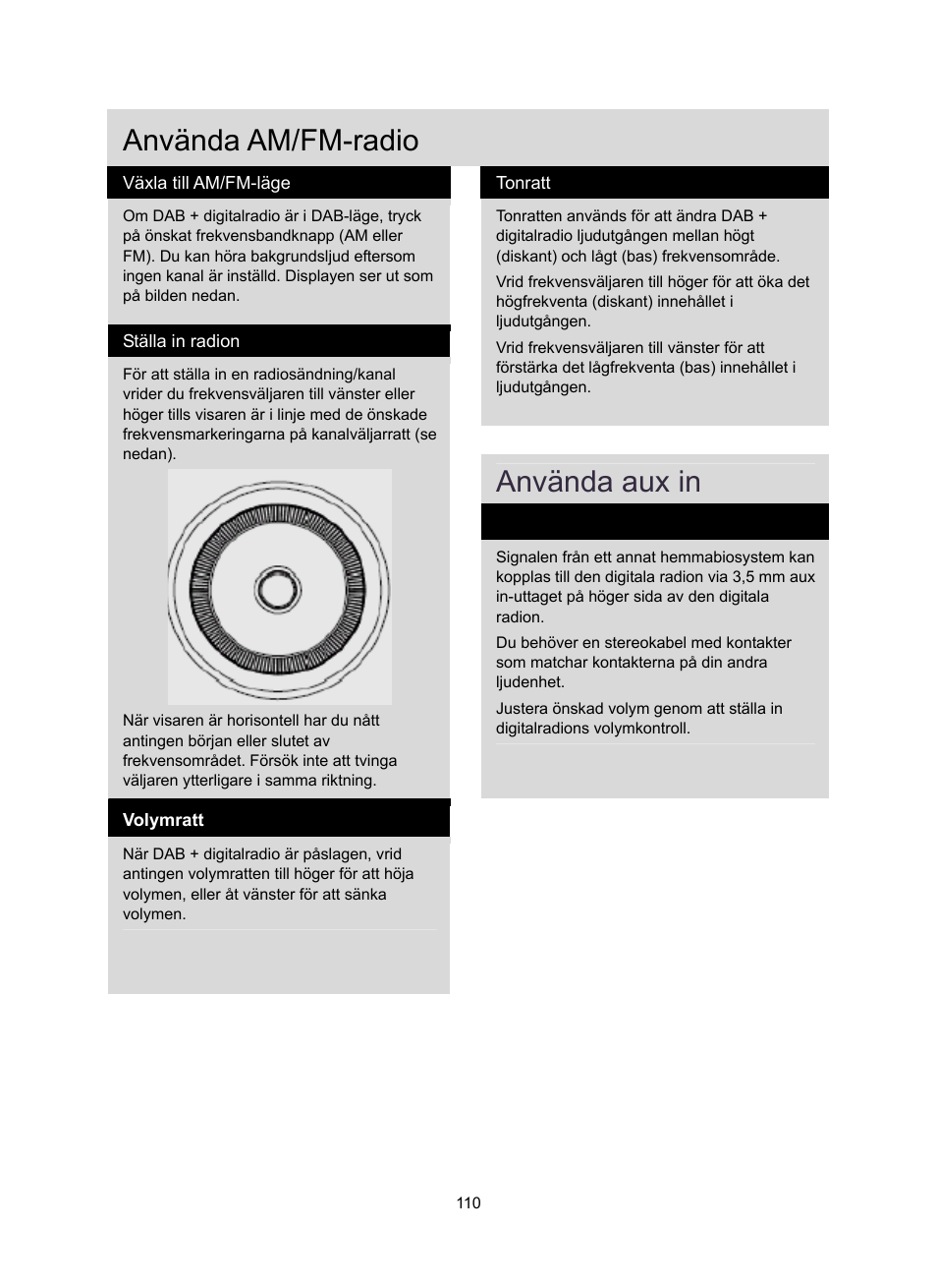 Använda am/fm-radio, Använda aux in | Konig Electronic DAB+ retro radio User Manual | Page 110 / 201