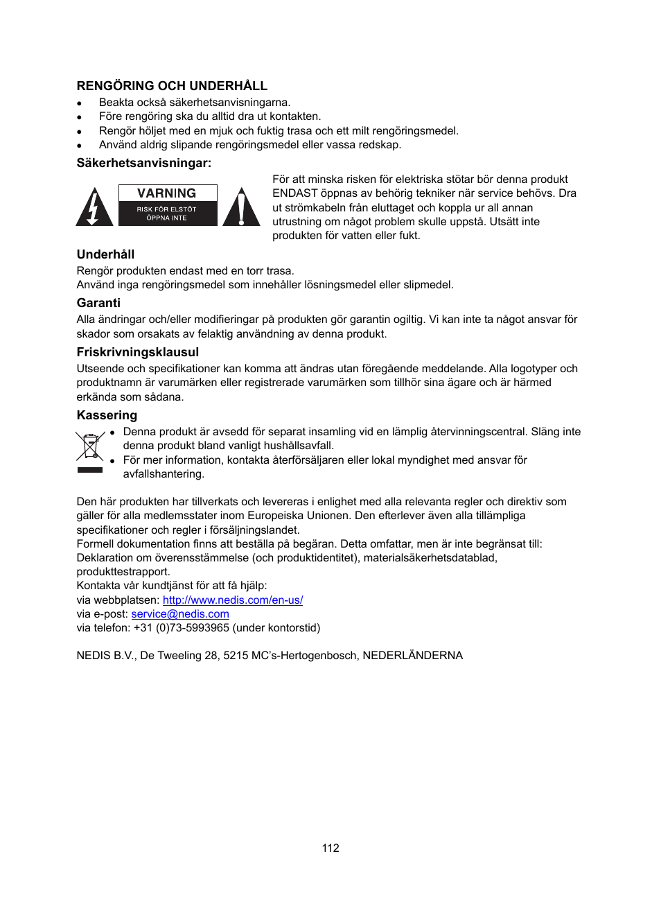 Rengöring och underhåll, Säkerhetsanvisningar, Underhåll | Garanti, Friskrivningsklausul, Kassering | Konig Electronic DAB+ retro radio User Manual | Page 112 / 201